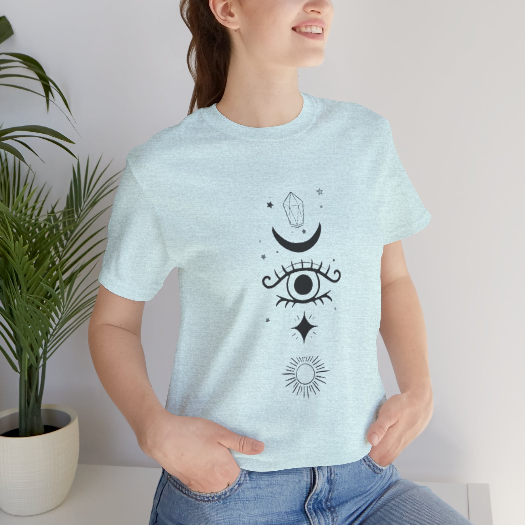 Mystic Eye Tee — Crescent Moon, Crystal & Sun Graphic T-Shirt