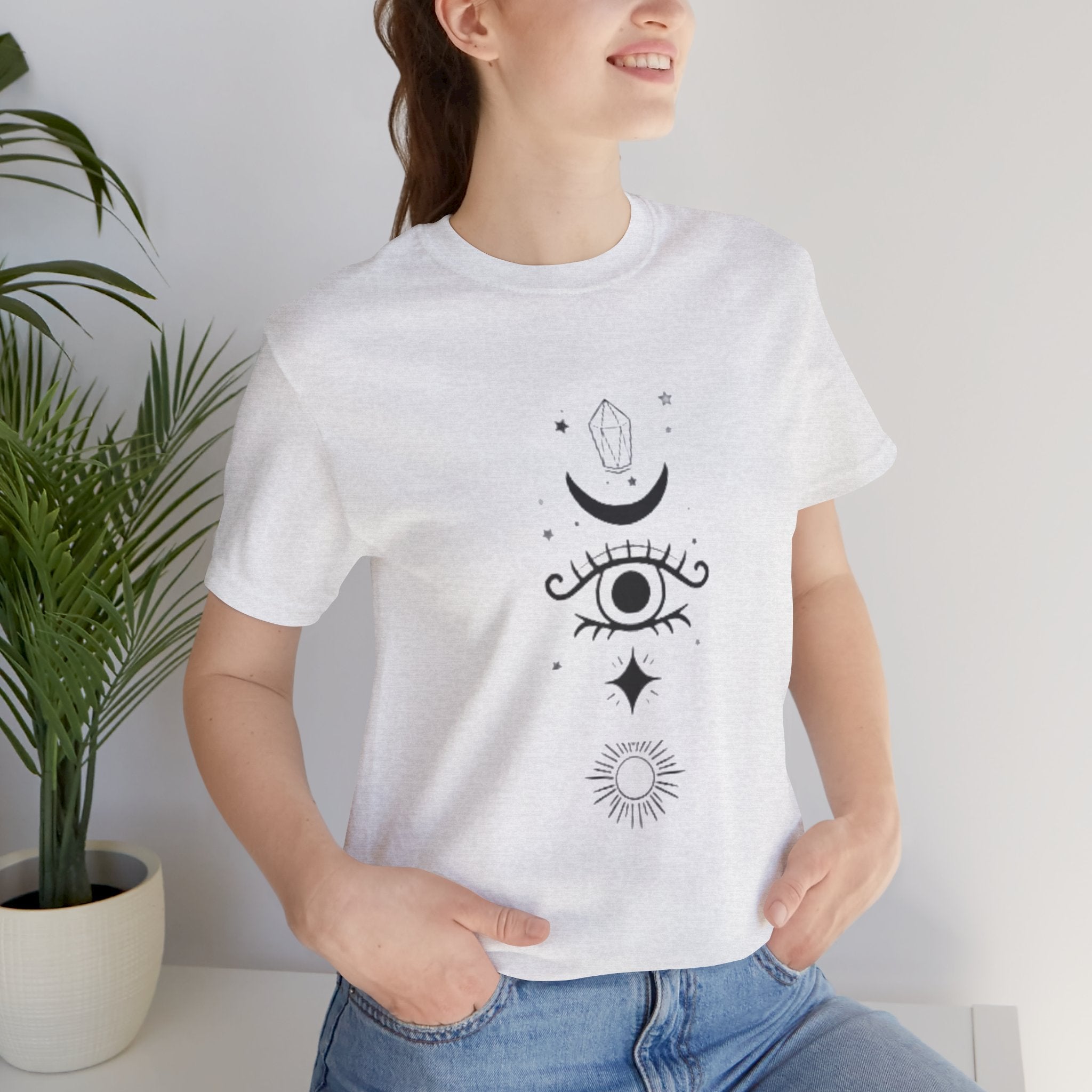 Mystic Eye Tee — Crescent Moon, Crystal & Sun Graphic T-Shirt