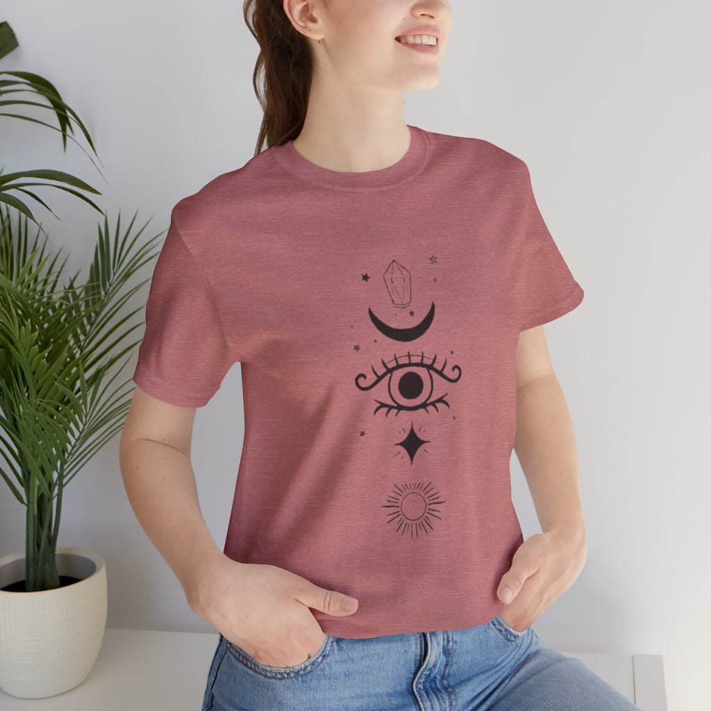 Mystic Eye Tee — Crescent Moon, Crystal & Sun Graphic T-Shirt