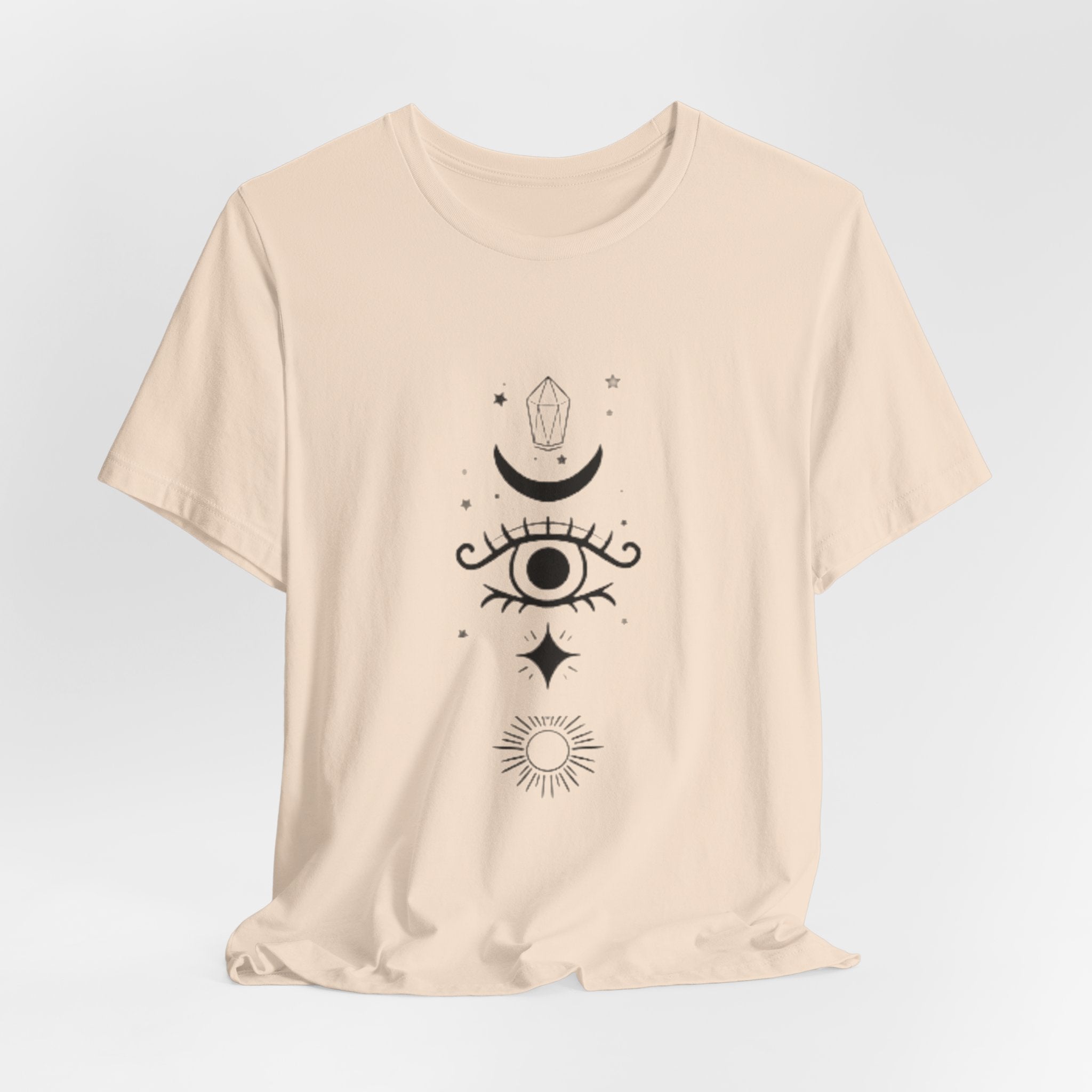 Mystic Eye Tee — Crescent Moon, Crystal & Sun Graphic T-Shirt