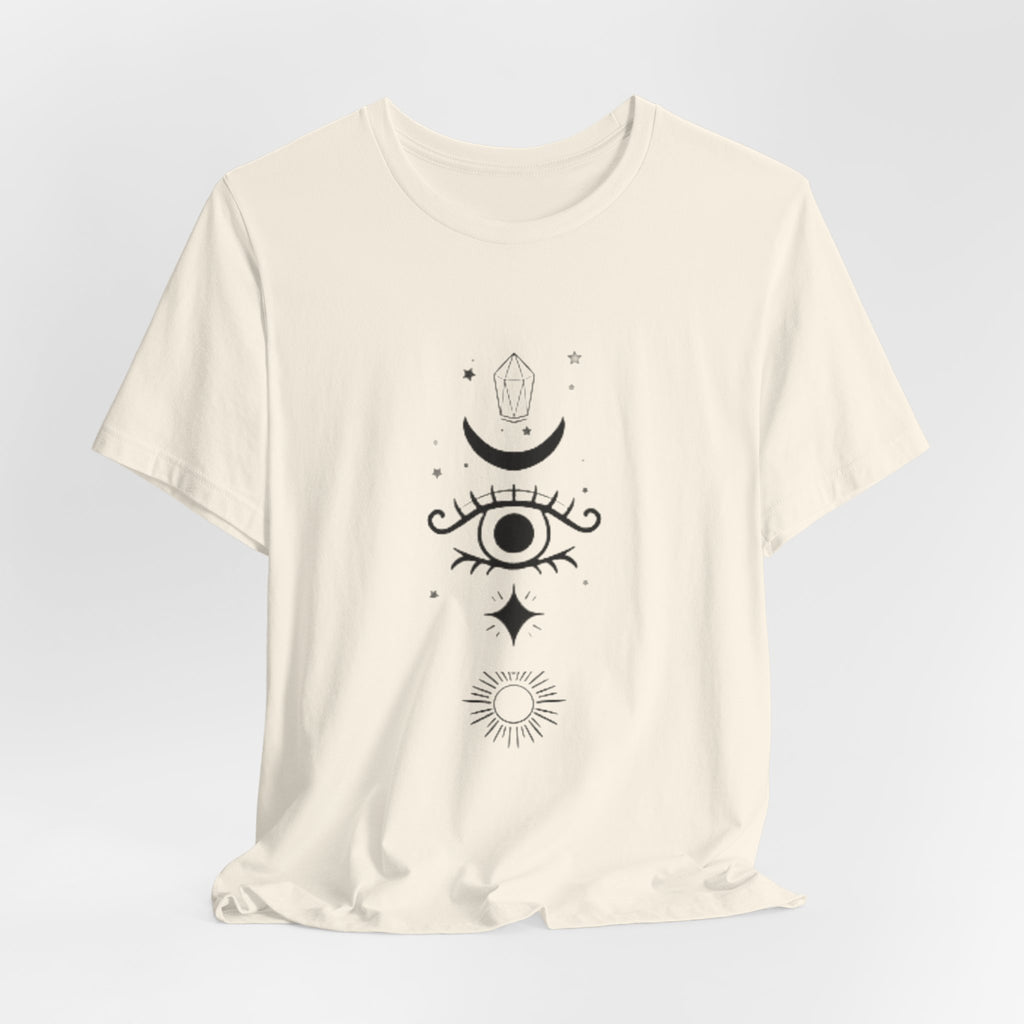 Mystic Eye Tee — Crescent Moon, Crystal & Sun Graphic T-Shirt