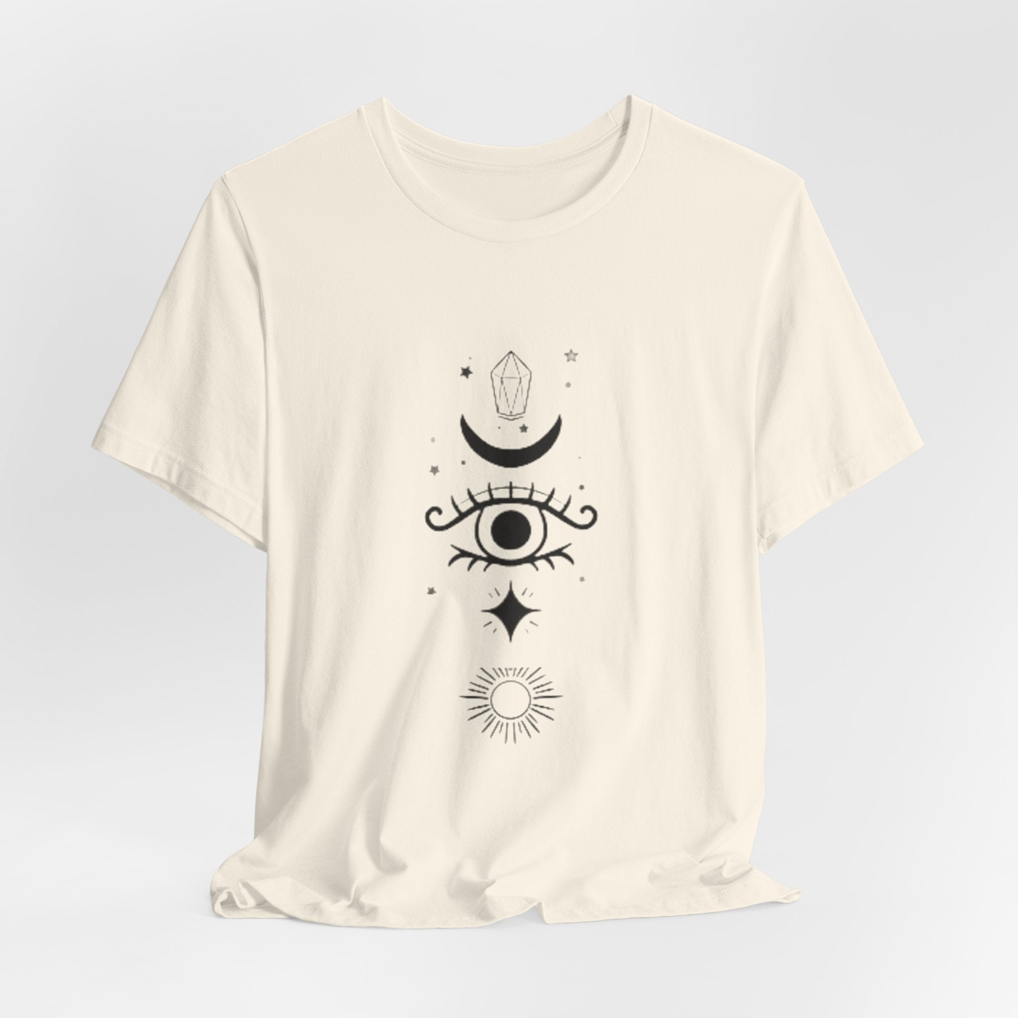 Mystic Eye Tee — Crescent Moon, Crystal & Sun Graphic T-Shirt