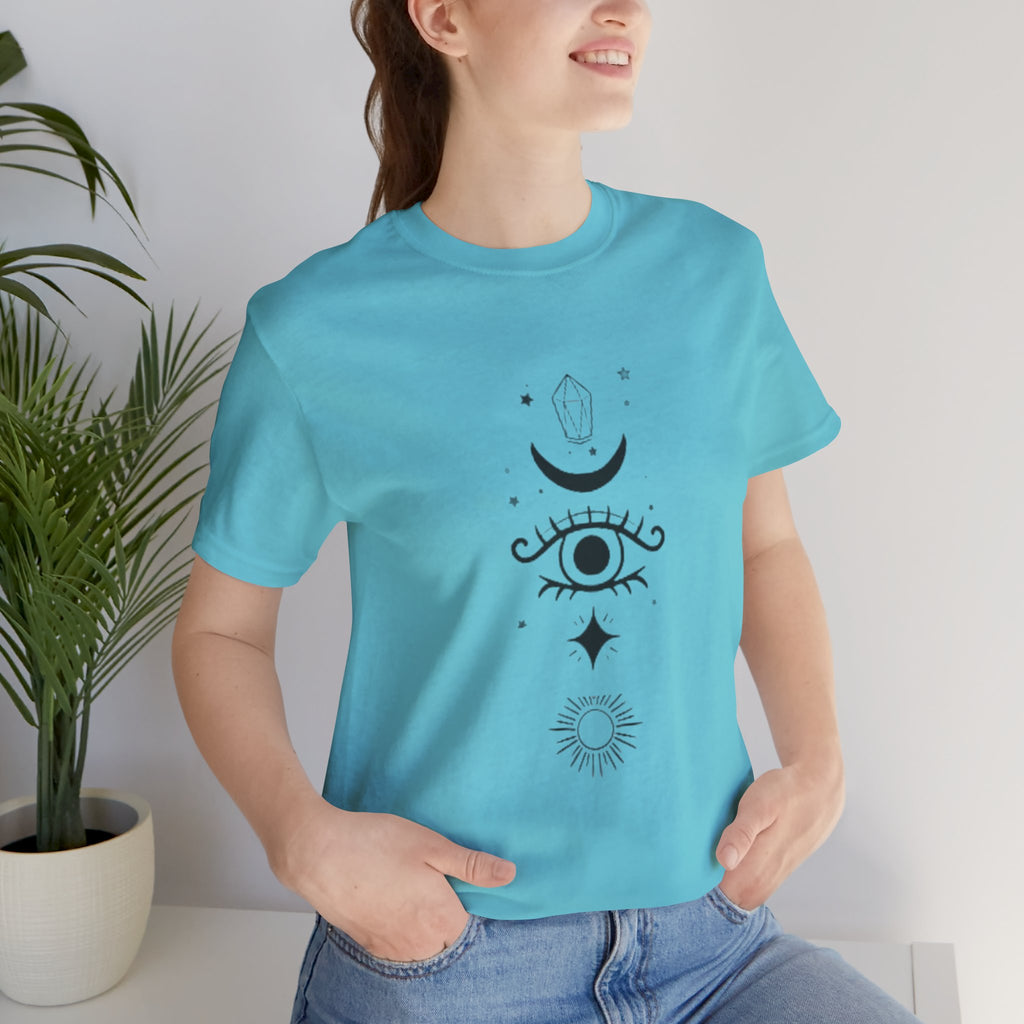 Mystic Eye Tee — Crescent Moon, Crystal & Sun Graphic T-Shirt