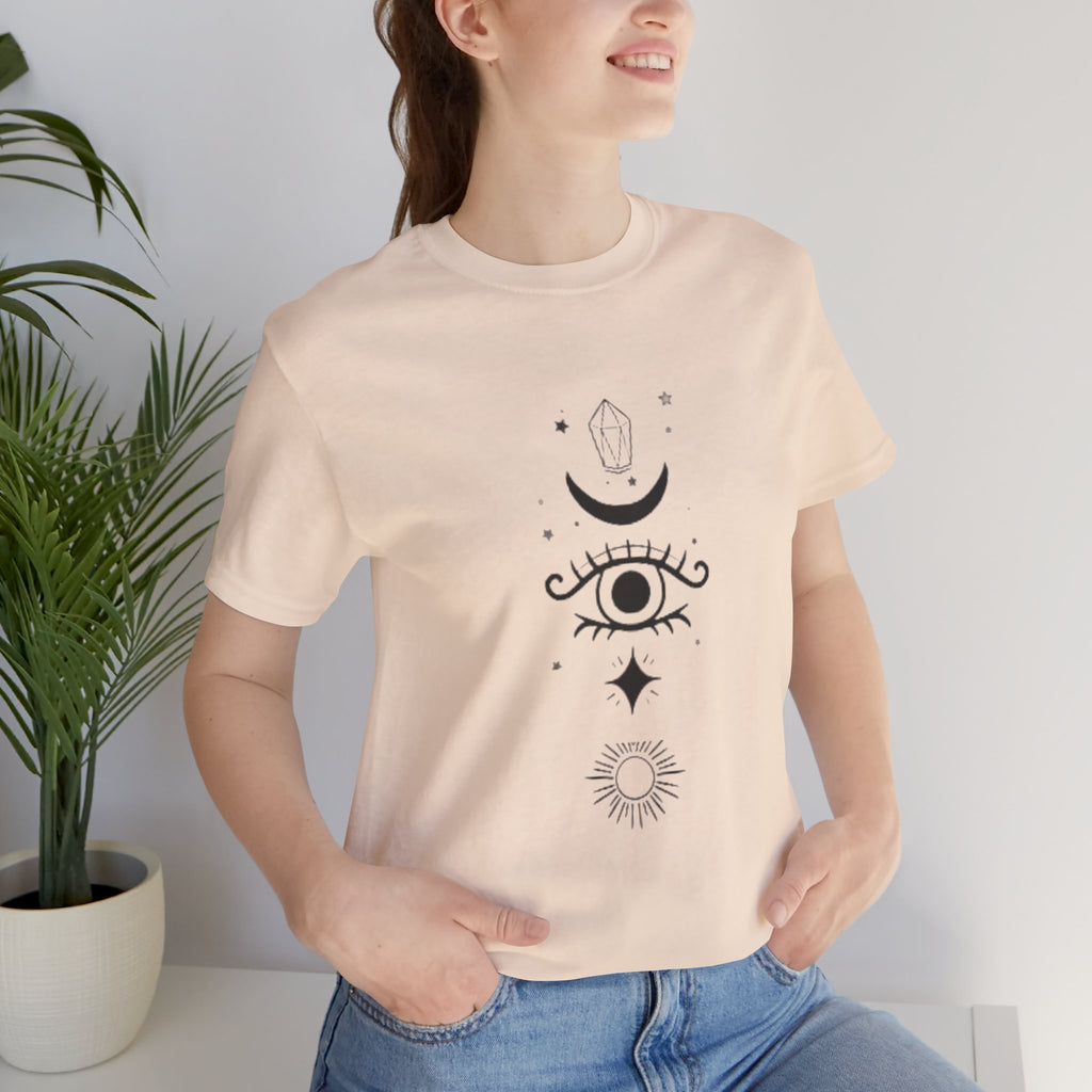Mystic Eye Tee — Crescent Moon, Crystal & Sun Graphic T-Shirt