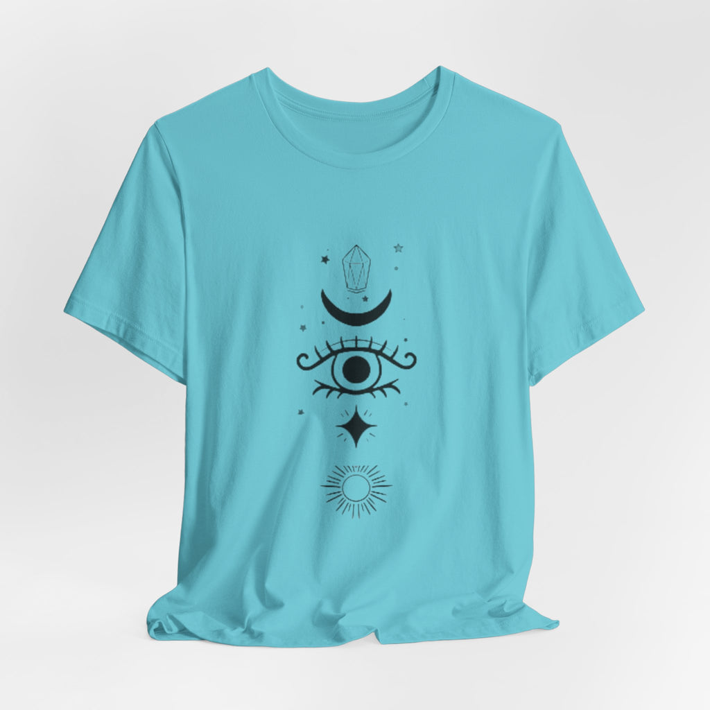 Mystic Eye Tee — Crescent Moon, Crystal & Sun Graphic T-Shirt