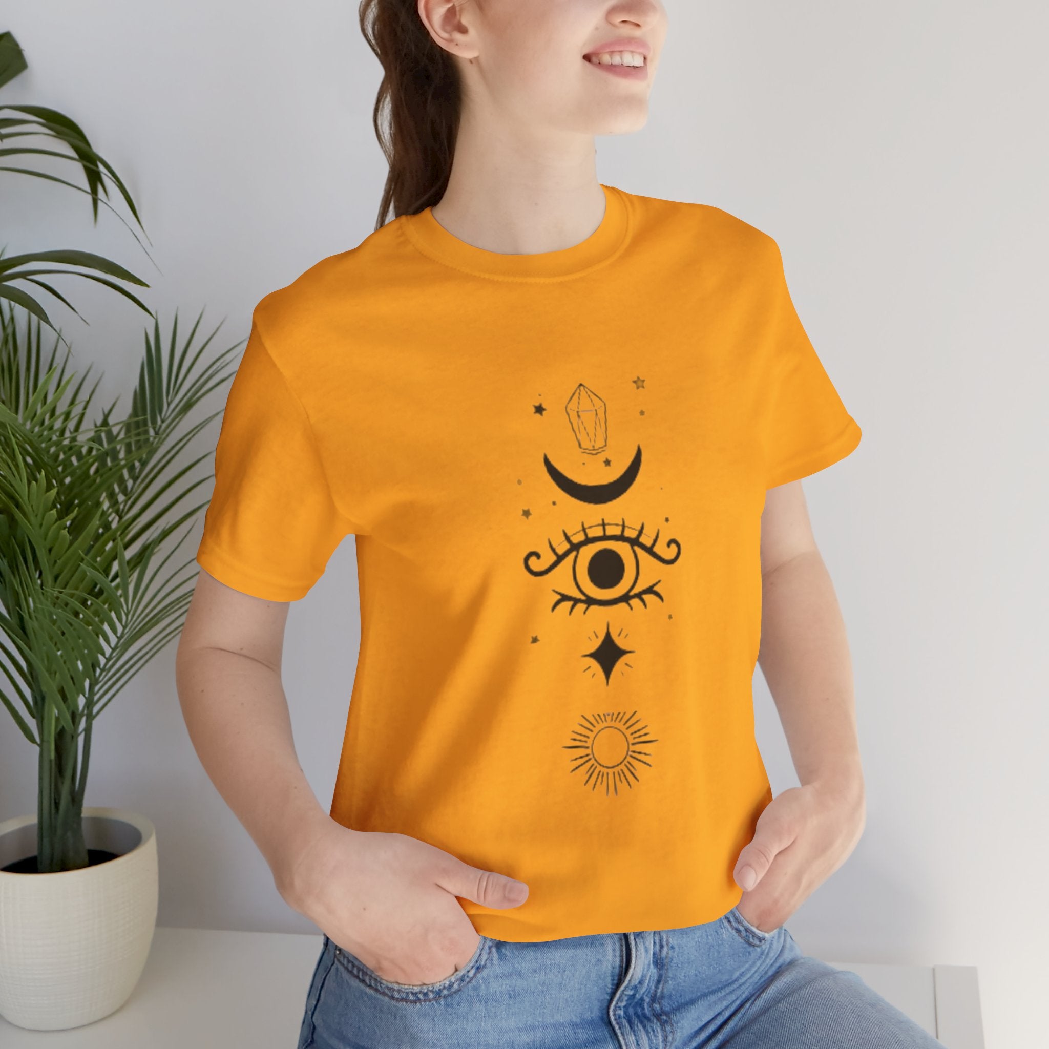 Mystic Eye Tee — Crescent Moon, Crystal & Sun Graphic T-Shirt