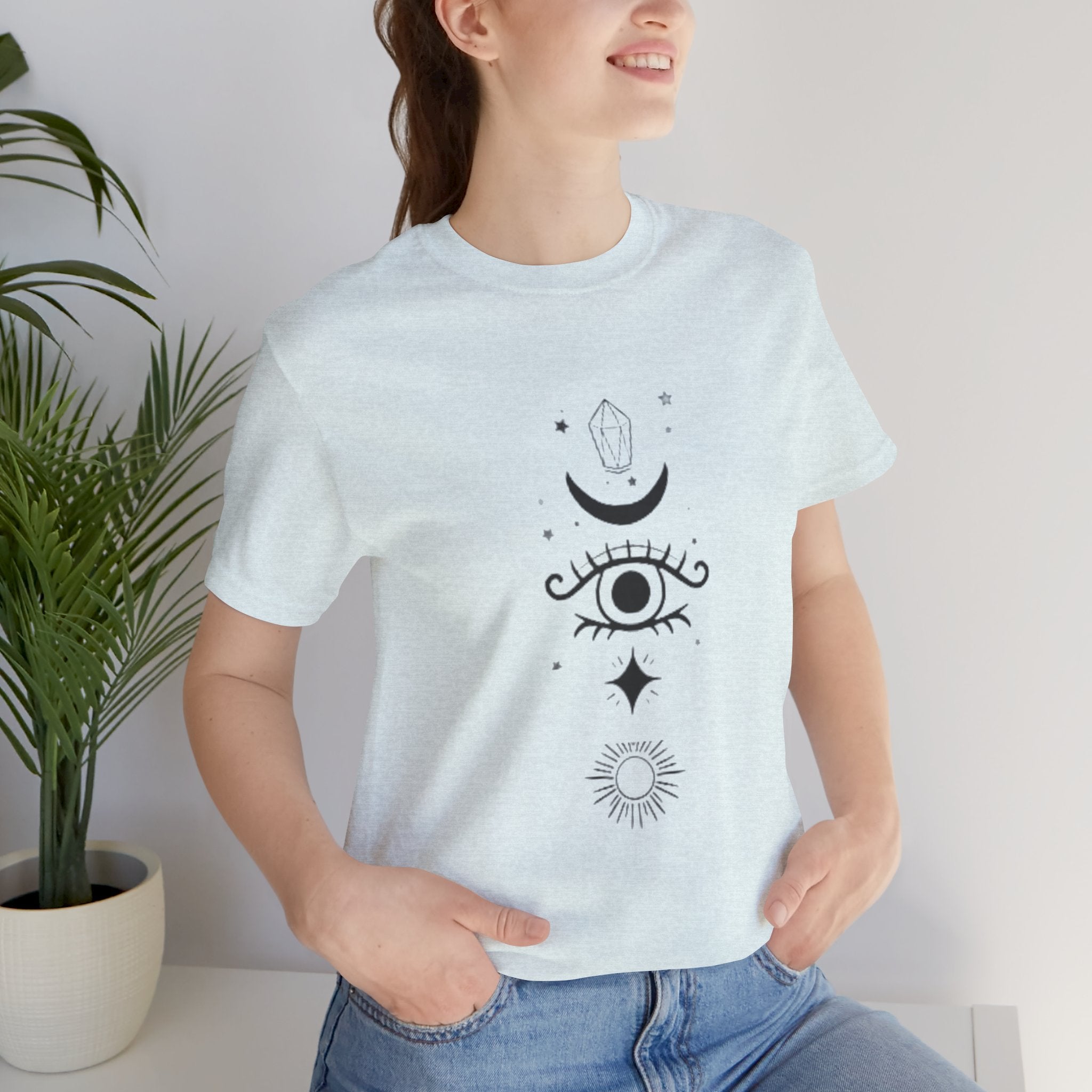 Mystic Eye Tee — Crescent Moon, Crystal & Sun Graphic T-Shirt