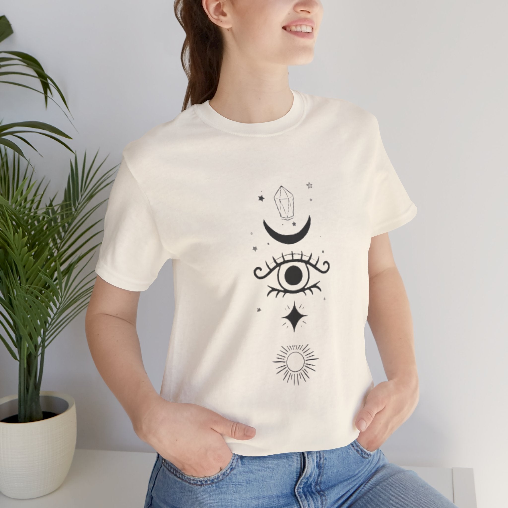 Mystic Eye Tee — Crescent Moon, Crystal & Sun Graphic T-Shirt