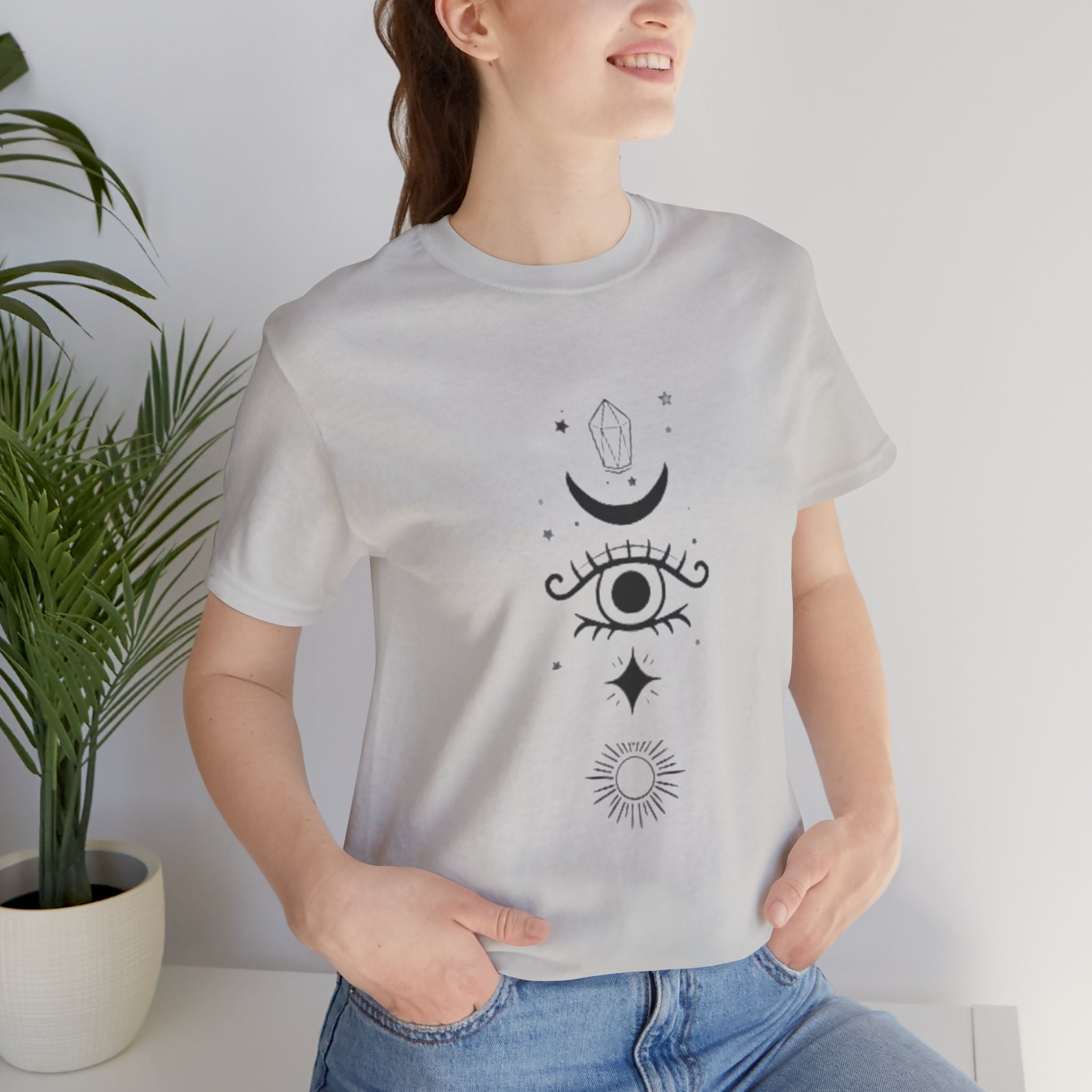Mystic Eye Tee — Crescent Moon, Crystal & Sun Graphic T-Shirt