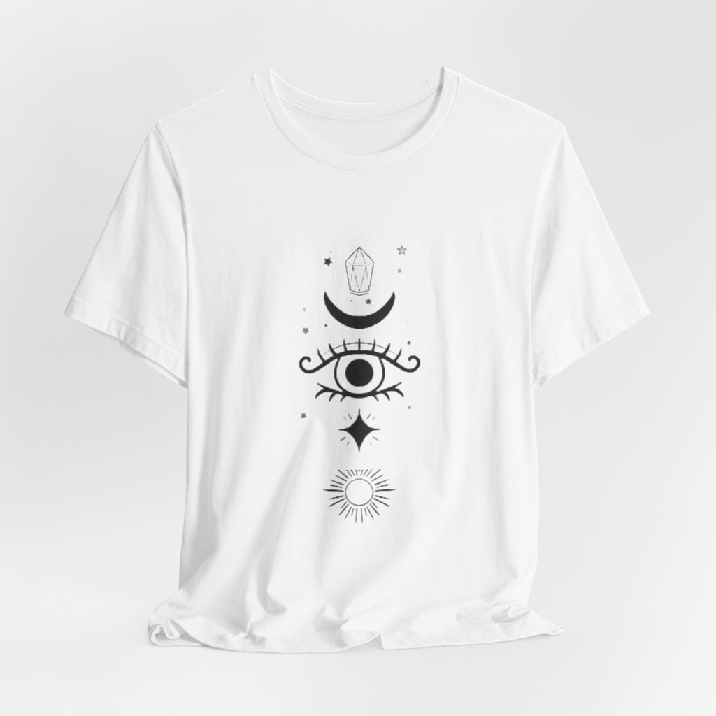 Mystic Eye Tee — Crescent Moon, Crystal & Sun Graphic T-Shirt