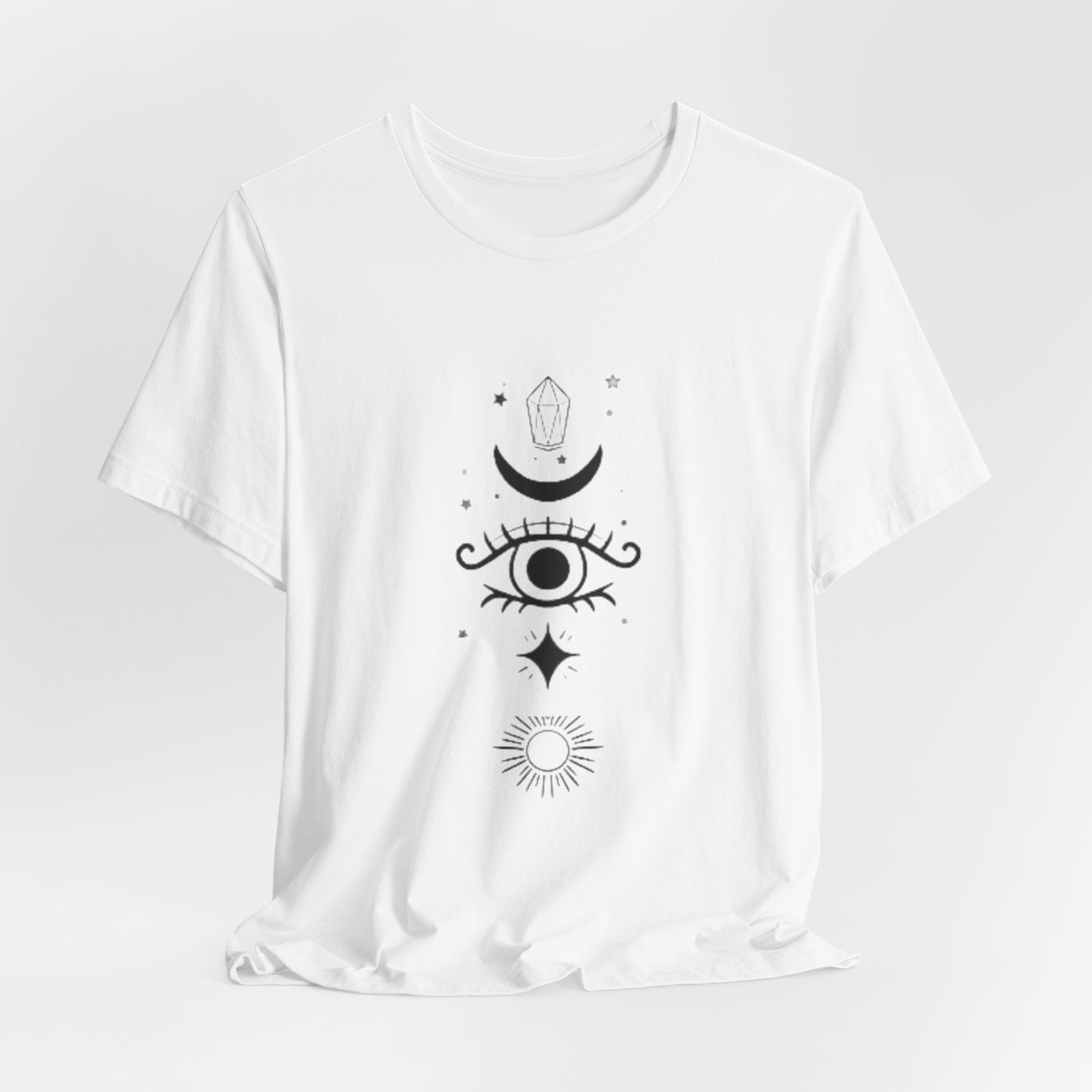 Mystic Eye Tee — Crescent Moon, Crystal & Sun Graphic T-Shirt