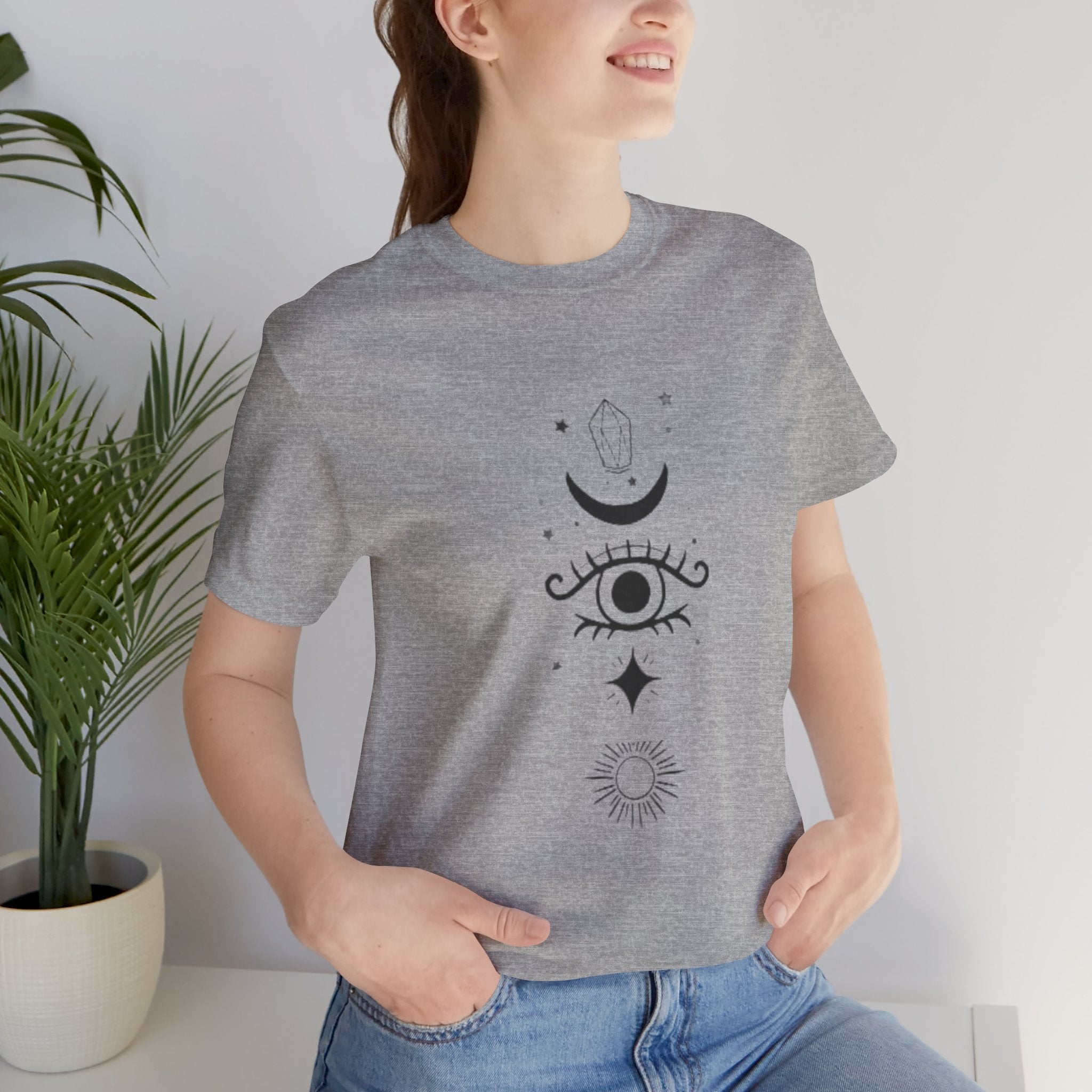 Mystic Eye Tee — Crescent Moon, Crystal & Sun Graphic T-Shirt